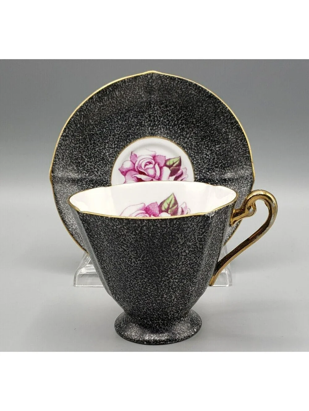 Vintage Roslyn Teacup & Saucer Fine Bone China Black Pink Tea Rose Elegant